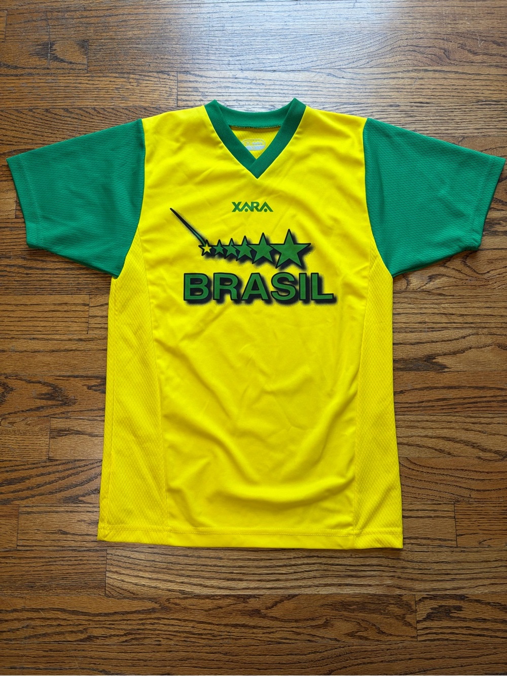 Retro Youth Xara Brasil Soccer Jersey - Yellow & Green V-Neck - L
